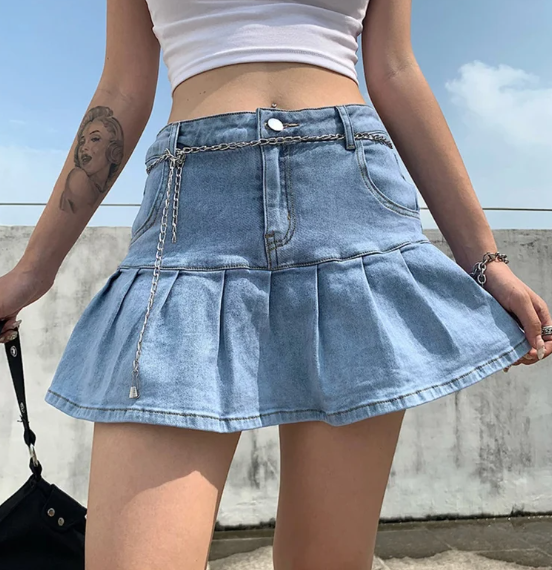 Pleated Micro Mini Denim Skirt